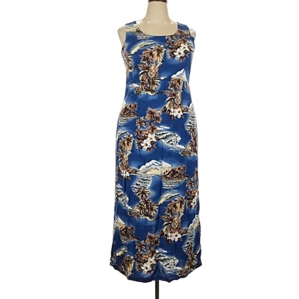 Vtg Hilo‎ Hattie The Hawaiian Original Blue Tropical Maxi Dress Sz 18 Resortwear